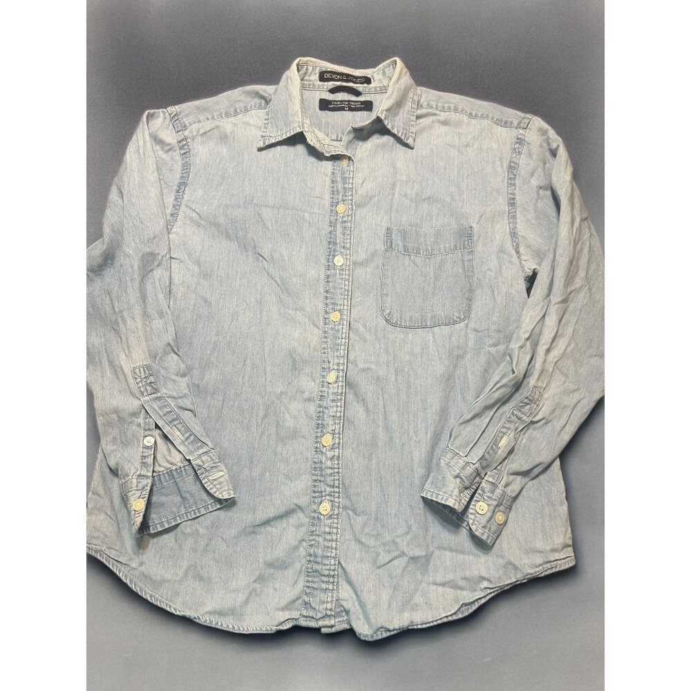 Devon Jones Fineline Denim Shirt Button Front Long Sleeves Distressing Sz M